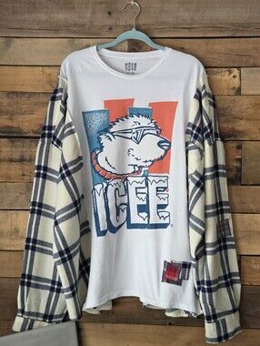 Ice Women's White Graphic Sweatshirt with Blue Plaid Sleeves and Orange Accents